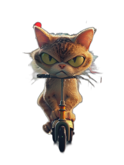 realistic cartoon cat riding scooter, black background, yellow eyes, angry face, detailed fur, in the style of Pixar, in the style of Disney render
