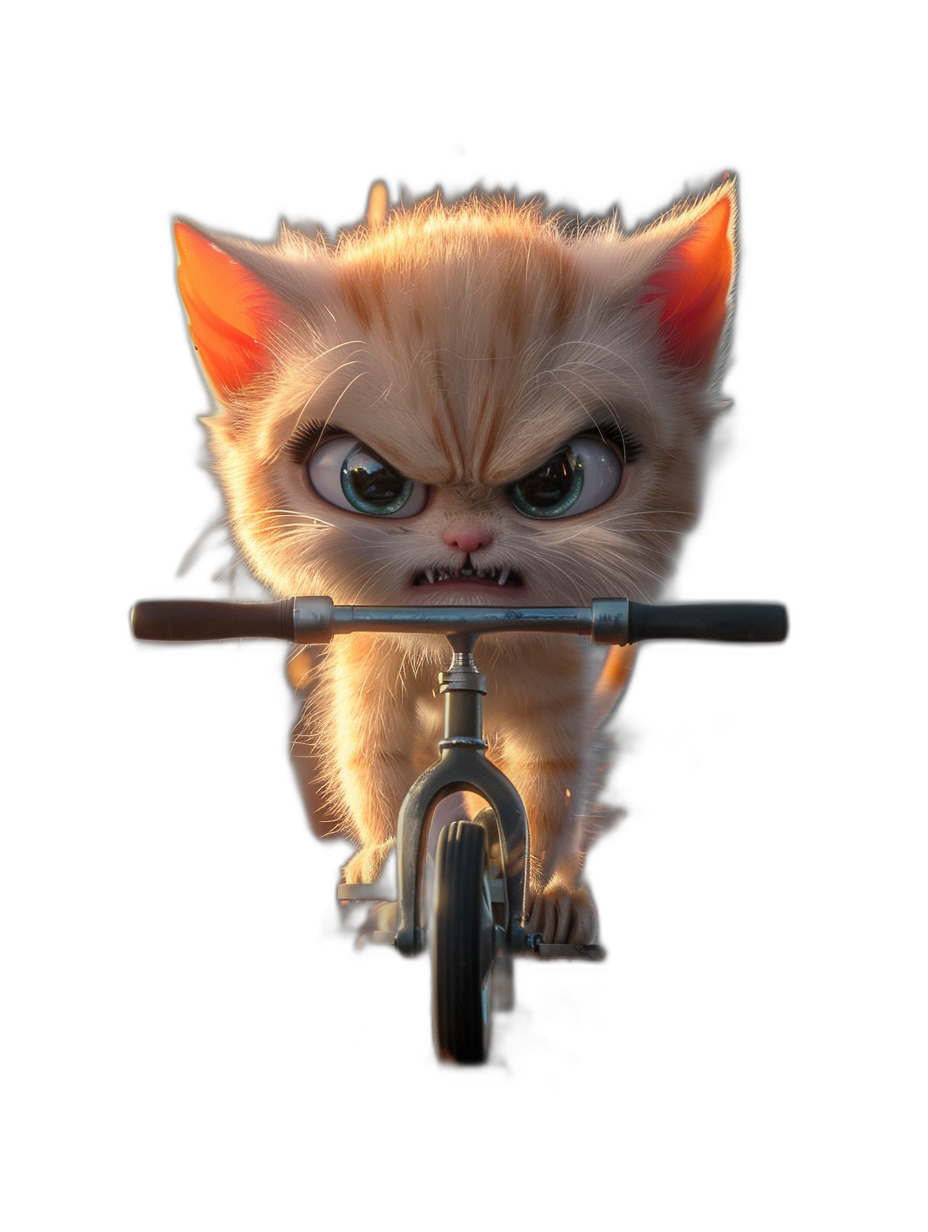 Front view of a cute grumpy baby cat on a bike, in the style of cartoon, against a black background, with a pixar render style, soft light, high resolution, cinematic style, hyper realistic style, super detailed style, photography style.