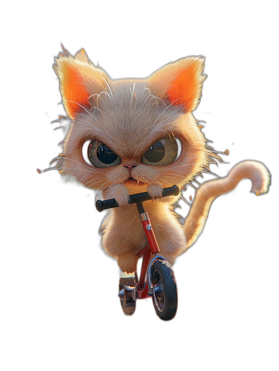 Cute cat riding a scooter in the style of Pixar, in a cartoon style with a black background, with a cute expression and fluffy fur and big eyes, riding a red and white tricycle, with a character design reminiscent of Pixar, with high definition photography and octane rendering and movie lighting, in a front view of the 3D model in a studio shot.