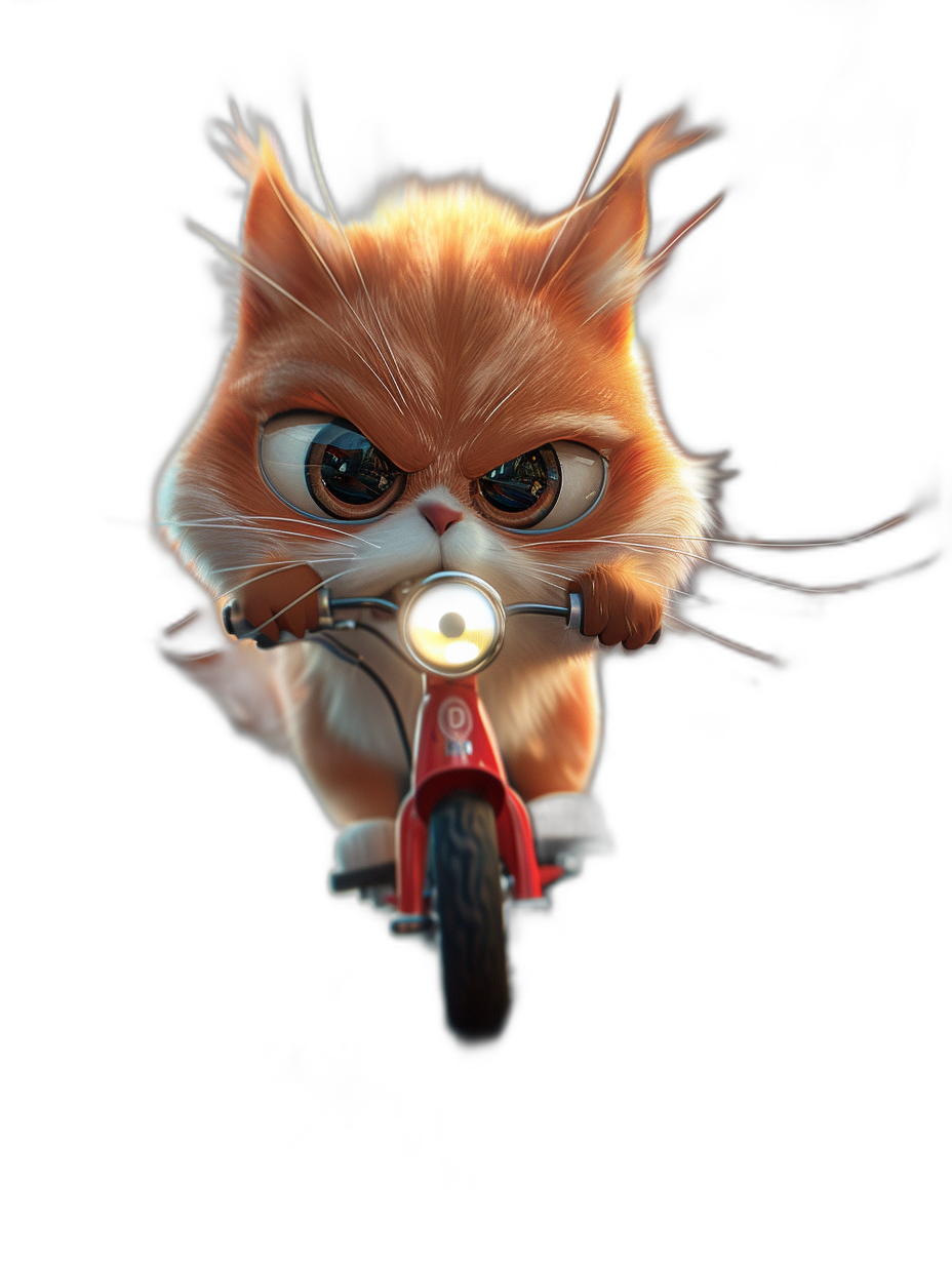 front view of a cute cartoon cat riding a scooter, black background, in the style of Pixar, big eyes, long eyelashes, happy face, red moped with a headlight in front, detailed fur texture, soft lighting, digital art in the style of Disney Pixar studio, high resolution