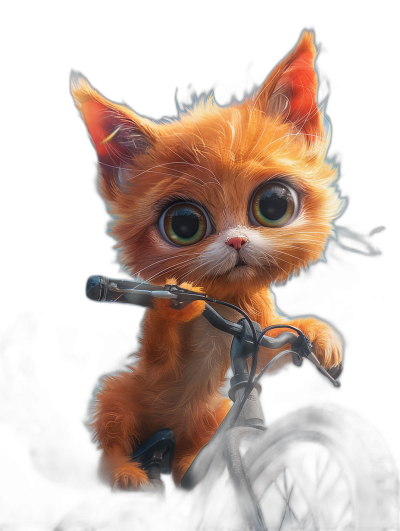 Cute orange kitten riding bicycle, big eyes, black background, in the style of Pixar, digital art, high detail