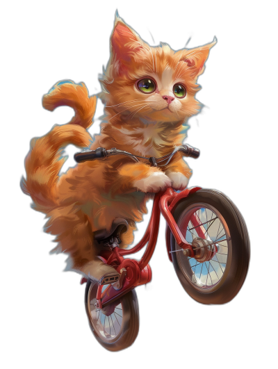 A cute ginger cat riding on the front wheel of a red bike, in the cartoon style, digital art, black background, concept art in the style of Pixar studio, digital painting, cute and adorable, full body shot, wide angle, high resolution, hyper detailed.