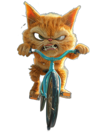 3D render of an angry ginger cat riding on the front wheel of a bicycle, isolated on a black background, in the style of Pixar.