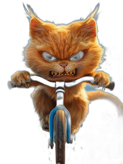 realistic photo of an angry cat riding on the front wheel of a bicycle, in the style of cartoon, on a black background, digital art in the style of Pixar and Disney