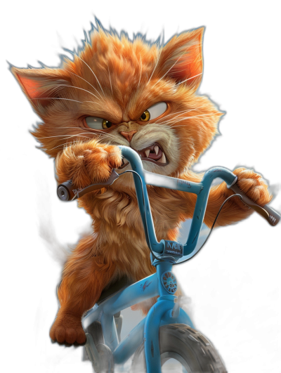 A Pixar style illustration of an angry orange cat riding on the front wheel and holding onto the handlebars of a blue bike with a black background, a high resolution, high detail digital art in the style of Pixar with vibrant colors.