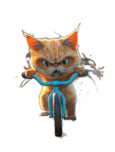 angry cute orange cat riding a blue bicycle against a black background, 3d render in the style of Pixar