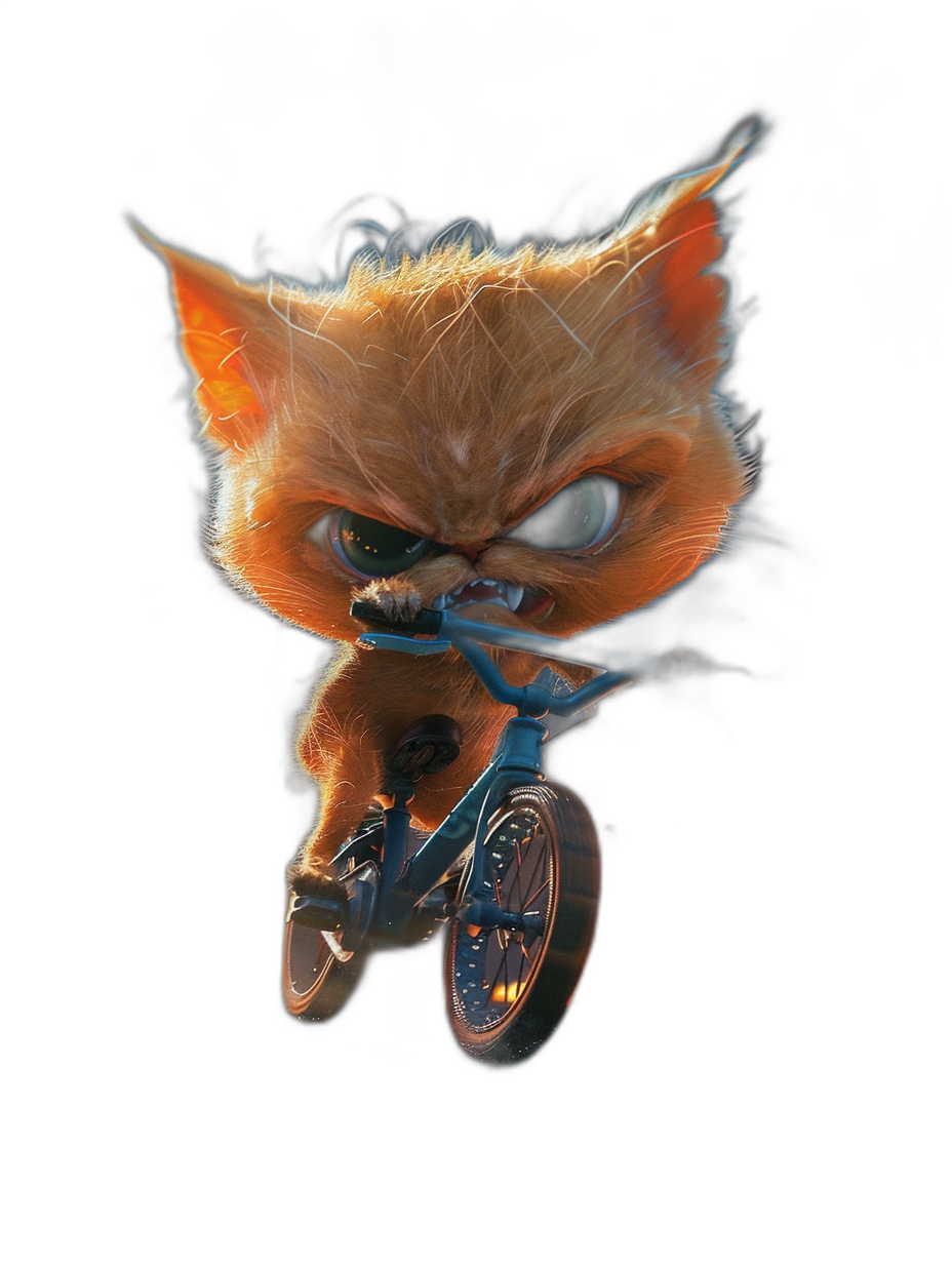 A cute furry kitten riding a bicycle with an angry facial expression against a black background in the style of Pixar, with a cartoon character design and 3D render from a 45 degree side view.