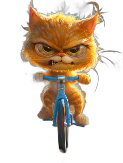 Character design of an angry orange cat riding a blue bike in the style of Pixar and Disney, in a cartoon style with a black background, the cat is cute with big eyes and fluffy hair, it is concept art with cinematic lighting rendered in octane, it is 3D art.