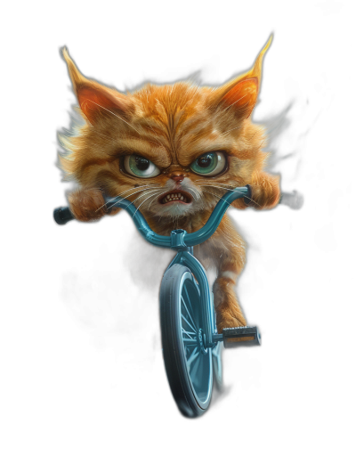 hyper realistic photography of an angry orange cat riding on the front wheel of a blue tricycle, with green eyes, against a black background, in the style of character design