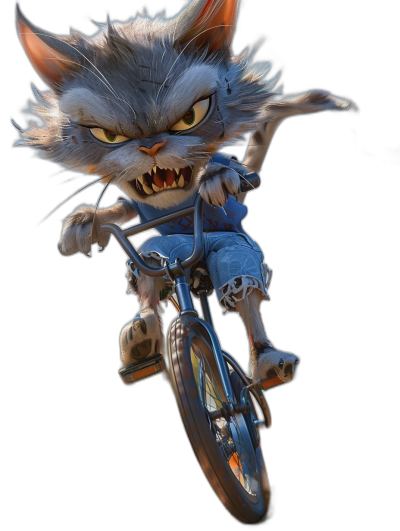 A cartoon cat riding a bmx bike, with an angry facial expression, on a black background, in a 3d rendered, full body, hyper realistic style.