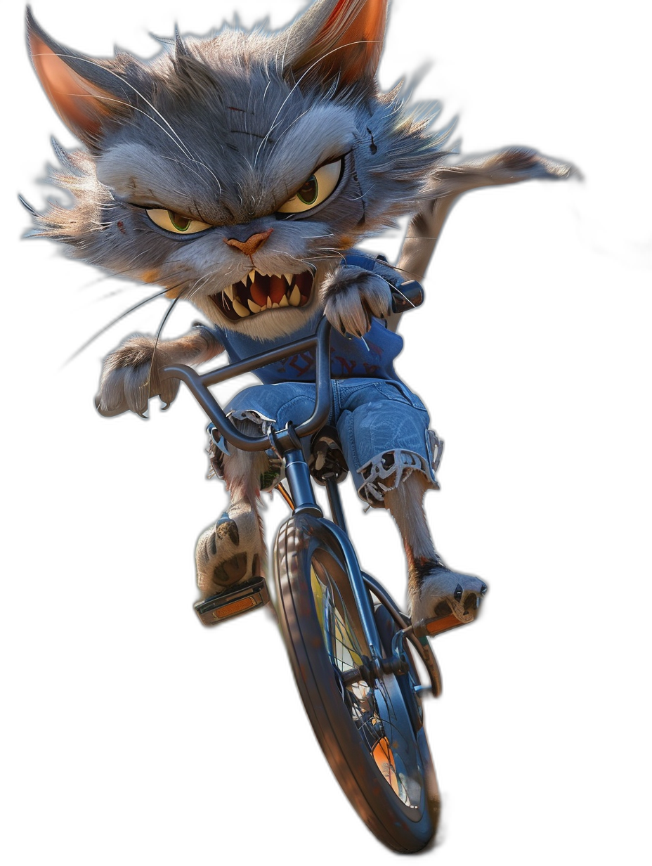 A cartoon cat riding a bmx bike, with an angry facial expression, on a black background, in a 3d rendered, full body, hyper realistic style.