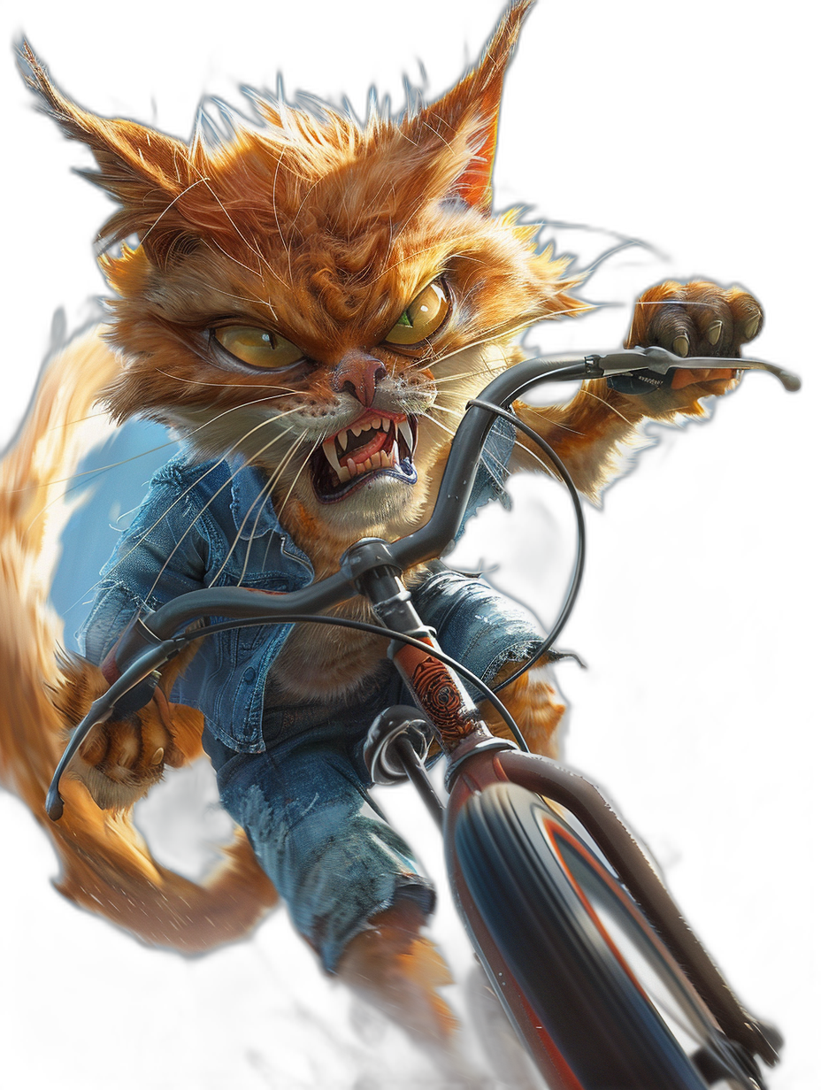 realistic digital concept art of an angry ginger cat riding on the handlebars of his bicycle wearing blue jeans and white sneakers, his fangs showing, against a black background, with high details, sharp focus, high resolution, in the style of hyper realistic, super detailed art.