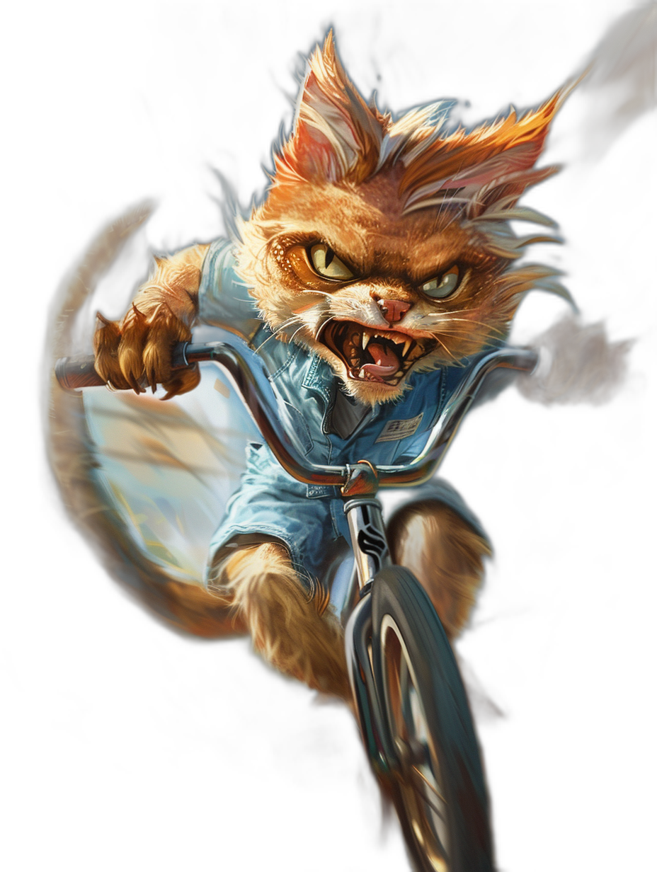 angry cat in a blue shirt riding on a bicycle, in the style of fantasy art, dark background, cartoon character, digital painting, high detail, hyper realistic, cinematic lighting, HDR