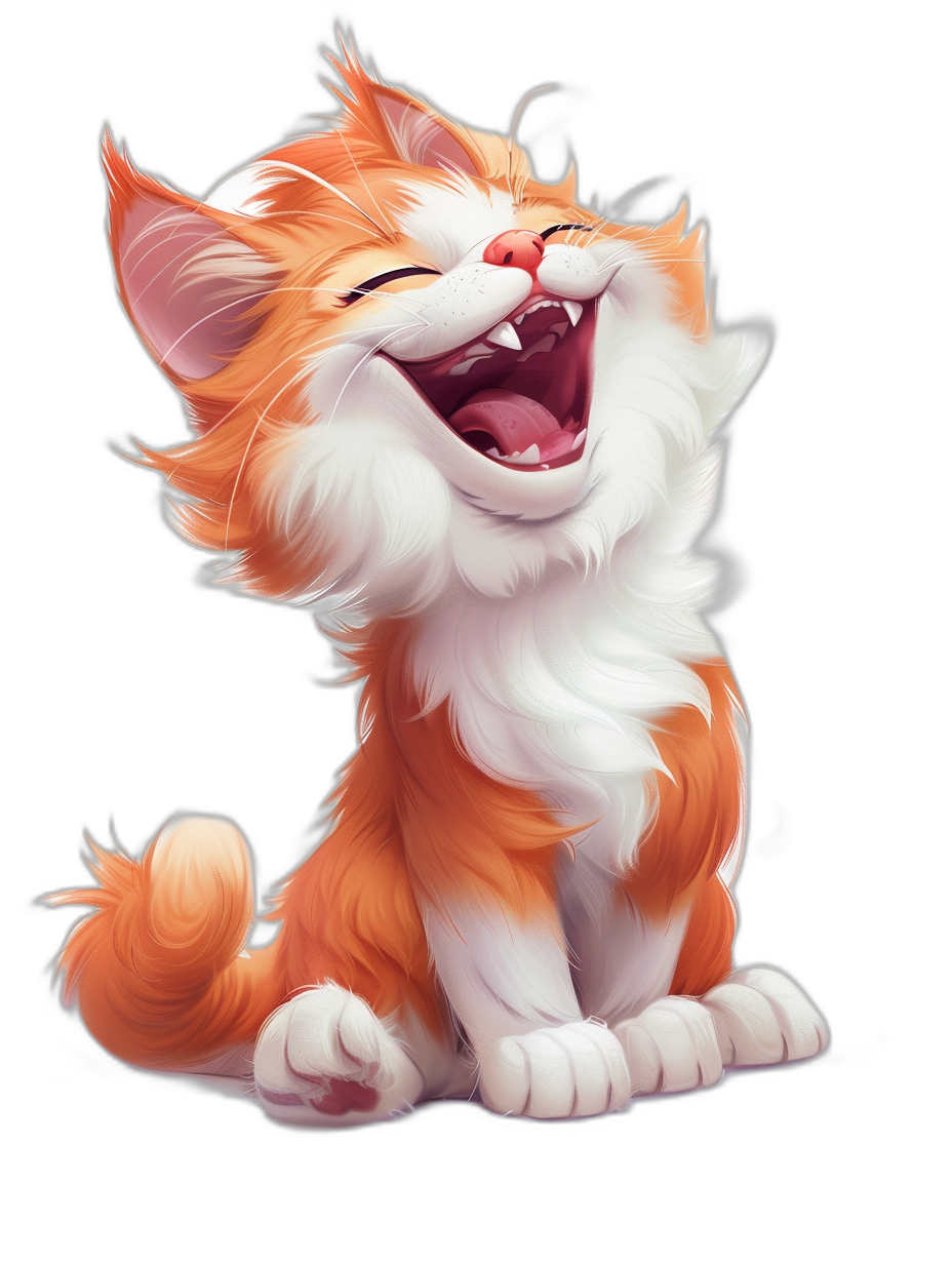 A cute orange and white cat laughing, full body, concept art in the style of [Artgerm](https://goo.gl/search?artist%20Artgerm), cartoon style, black background, game character design, game illustration style, front view, simple lines, simple details, 2D flat painting style, high definition, high resolution.