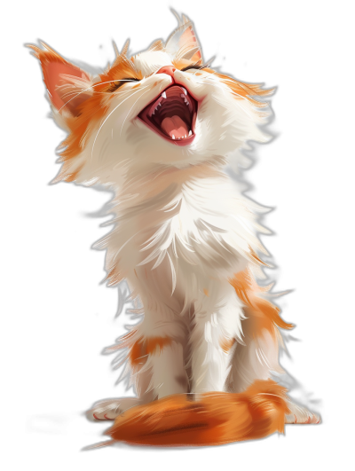 white and orange cat howling, in the style of cartoon, vector art, full body shot, black background, digital painting, concept art