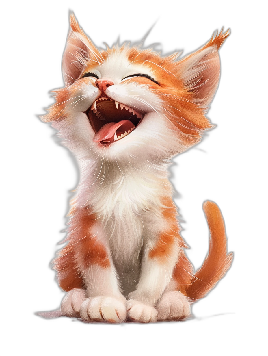 Cute smiling orange and white kitten cartoon character with its mouth open in laughter, against a solid black background, concept art in the style of Pixar studio, professional digital illustration, fantasy, detailed, showing the full body.