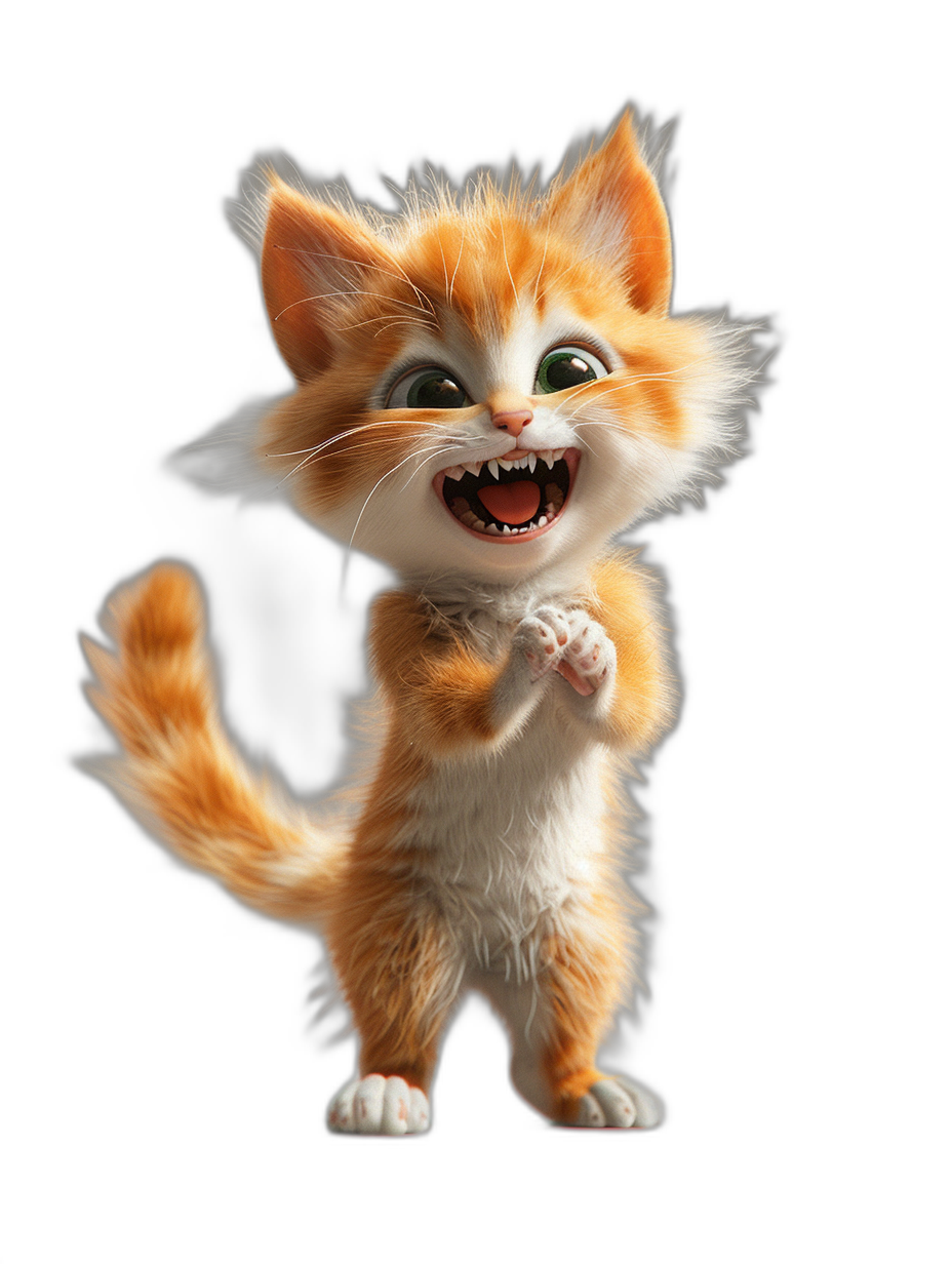 3D render of a happy, smiling, cute orange and white kitten character with a long, fluffy tail, jumping up in the air and showing its teeth on a black background, in the style of Disney Pixar.