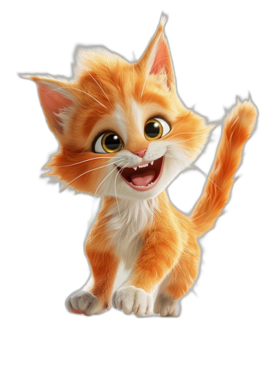 Cute orange and white kitten, big eyes, smiling expression, waving its tail in the air, in the style of Pixar, in the style of Disney, black background, full body shot, front view, movie lighting, octane rendering, high definition