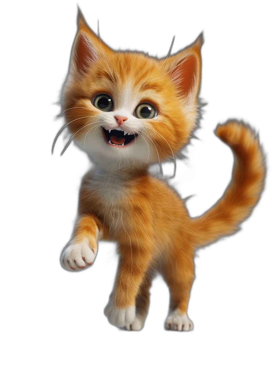 3D render of a cute smiling ginger kitten walking on a black background, in a cartoon style, in the style of Disney Pixar.