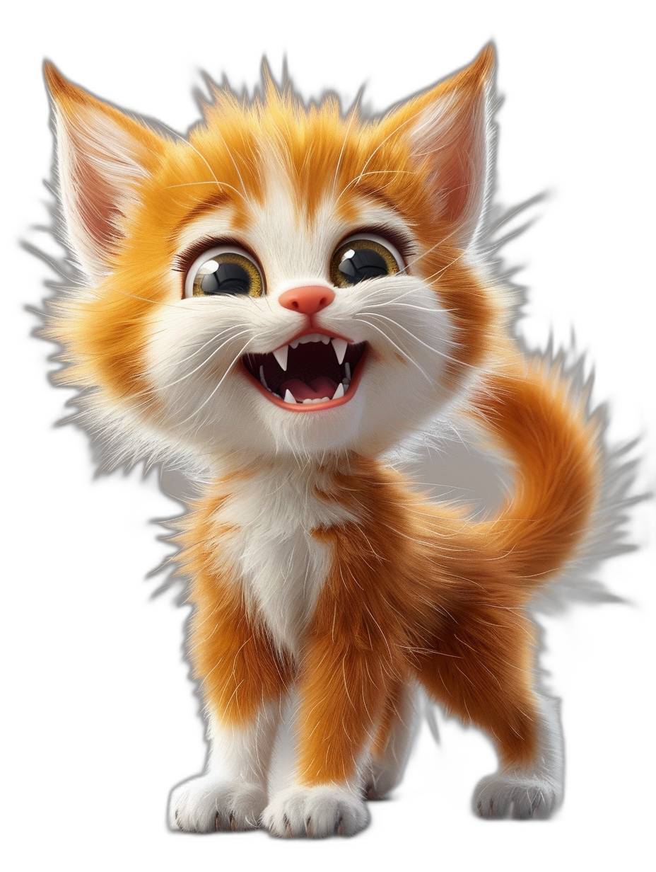 3D rendering of a happy cute orange and white kitten, cartoon character, full body with tail on a black background, cute eyes, open mouth, in the style of Pixar, in the style of Disney, octane render, cinematic light, bright colors, redshift, high resolution photography, hyper realistic