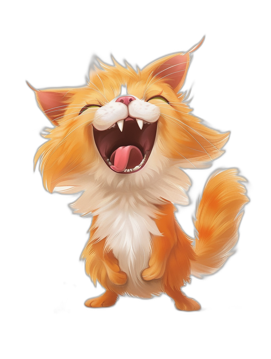 A cute smiling cat in the style of Pixar, full body shot against a black background in a cartoon illustration style with high resolution. This digital art character design sheet features a cute orange and white fluffy kitten with long hair and a happy expression, its mouth open wide in laughter with its tongue out and fluffy fur.