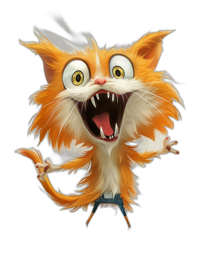 Character design of an orange and white furry cat with big eyes, long hair on its tail and short fur all over its body jumping in mid air laughing very hard with its mouth open showing sharp teeth wearing blue jeans on a black background in the style of Pixar.