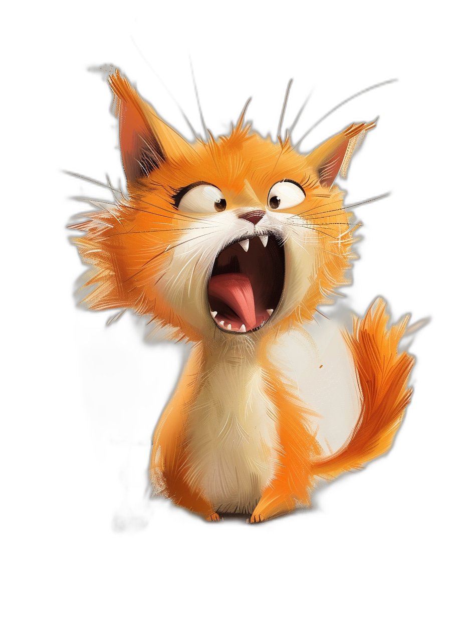 Cartoon illustration of an orange and white cat, with a cute expression and open mouth showing teeth, white fur on its chest, against a black background, in the style of Pixar, in the style of Disney cartoons, inspired by Disney character design, high resolution, with hyper-realistic details, as a full body shot, from a wide angle, with cinematic lighting, in a dynamic pose, rendered in the style of Pixar.