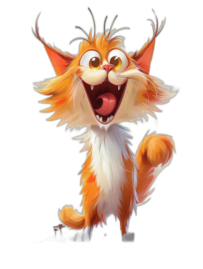 Illustration of an orange and white cat, with long hair blowing in the wind, laughing, big eyes, cute cartoon character design, full body shot, black background, digital art in the style of Pixar studio.