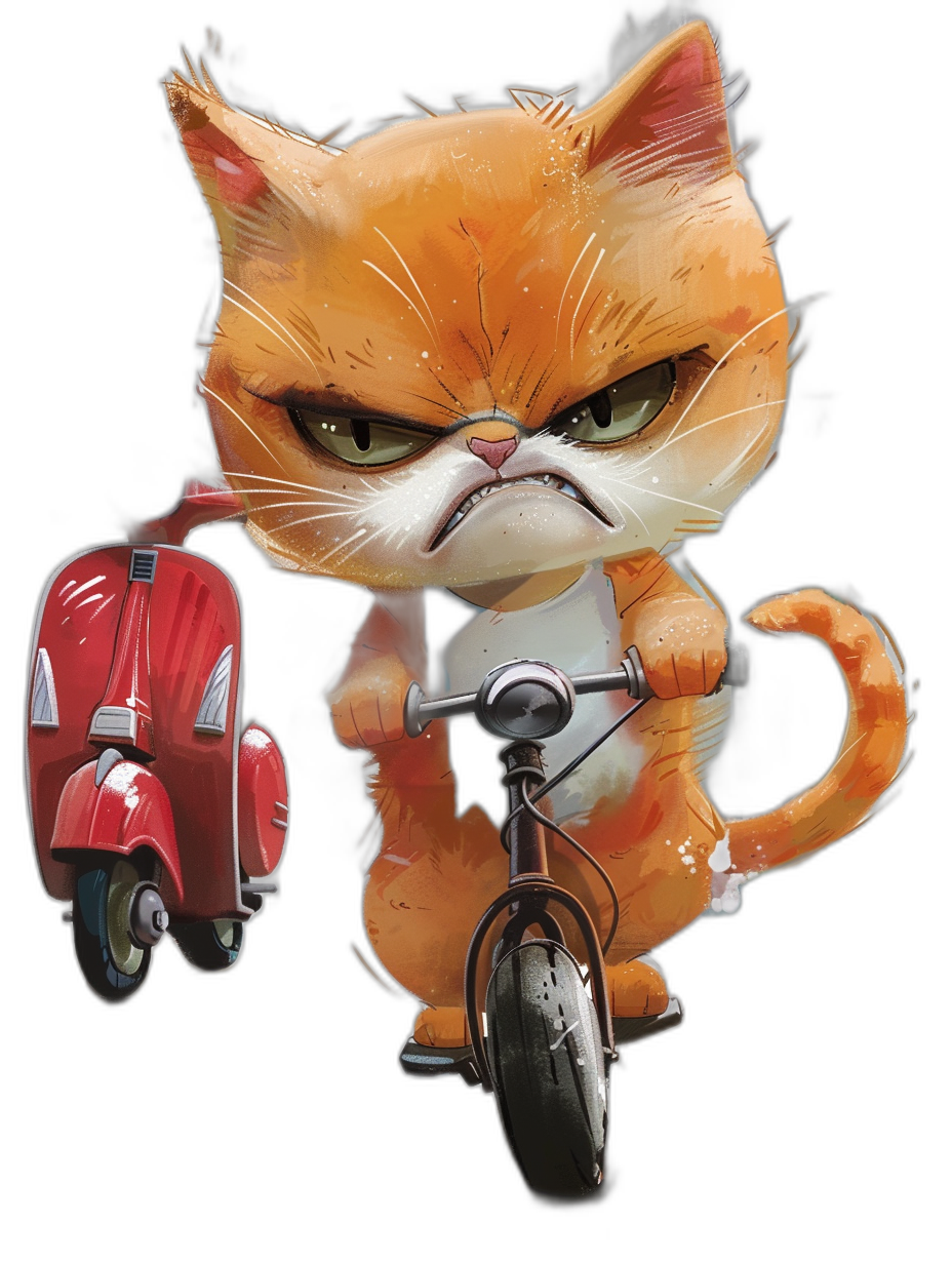 grumpy cat cartoon character on scooter bike, black background, red moped next to it, vector art style, high quality, high resolution, high detail, digital painting, natural lighting, in the style of rtx,