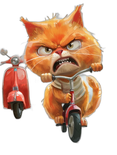 angry cat riding red scooter, in the style of [Tiago Hoisel](https://goo.gl/search?artist%20Tiago%20Hoisel), caricature-like, playful cartoonish style, humorous tone, on a black background