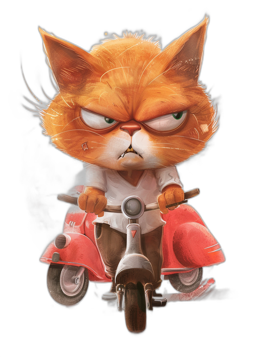 grumpy orange cat cartoon character riding a red vespa, wearing a white t-shirt and black pants, with an angry facial expression, in the style of digital art, on a plain background