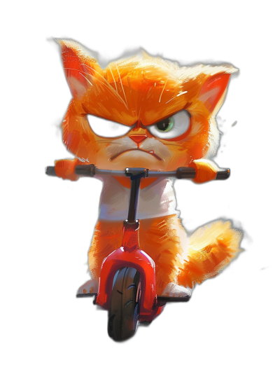 grumpy orange cat cartoon character riding scooter, angry eyes, black background, full body shot, high resolution. The cartoon character is riding a scooter in the style of an angry orange cat with angry eyes against a black background in a full body shot at high resolution.