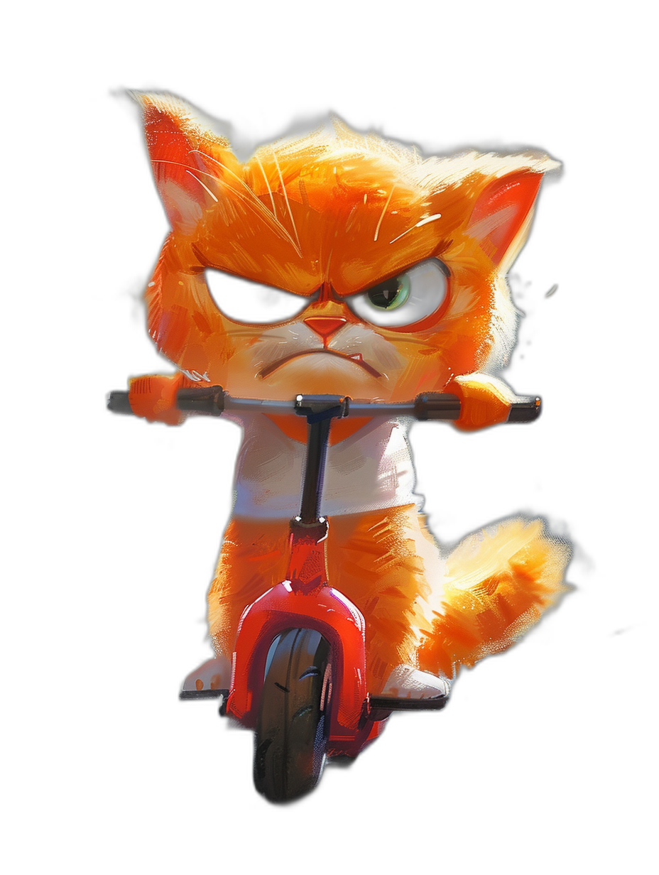 grumpy orange cat cartoon character riding scooter, angry eyes, black background, full body shot, high resolution. The cartoon character is riding a scooter in the style of an angry orange cat with angry eyes against a black background in a full body shot at high resolution.