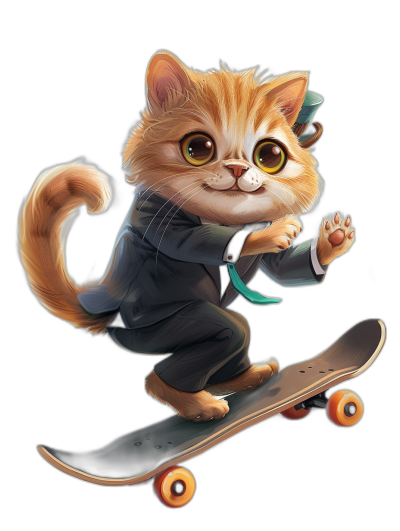 A cute happy smiling cat in suit riding on skateboard, by [Tiago Hoisel](https://goo.gl/search?artist%20Tiago%20Hoisel), caricature-like, playful caricatures, hyper-realistic details, black background