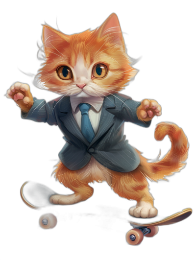 Cute cat in suit and tie, playing skateboard on a black background, in the cartoon style, digital art, high resolution, high detail, vibrant colors, full body portrait, professional lighting setup, in the style of Katerina.