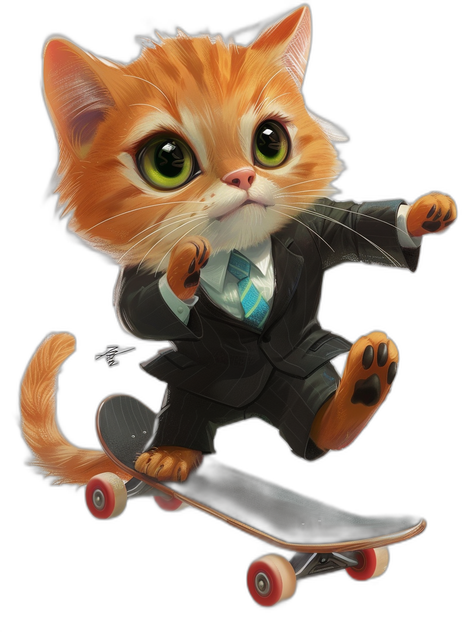 Cute cartoon cat in a suit riding on a skateboard, black background, concept art in the style of Pixar and [Atey Ghailan](https://goo.gl/search?artist%20Atey%20Ghailan).