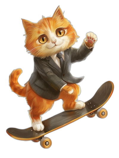 Cute orange cat in suit and tie riding on a skateboard, in the style of a vector illustration, on a black background, as a cute cartoon design, with detailed painting, as a full body portrait, with professional photography skills, with professional color grading, using bright colors, in a hyper-realistic and ultra-detailed style.