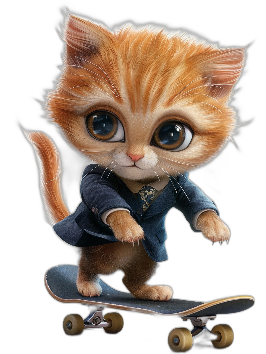 A cute orange cat, wearing blue  and riding a skateboard in the street, with big eyes and a black background. The artwork is rendered in the style of Disney. It features high resolution and detailed imagery.