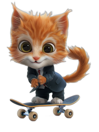 A cute ginger cat in a suit riding on a skateboard, with big eyes, on a black background, in the style of Disney, a 3D render, with octane rendering, ambient occlusion, with hyper realistic fur, vibrant colors, a full body shot.