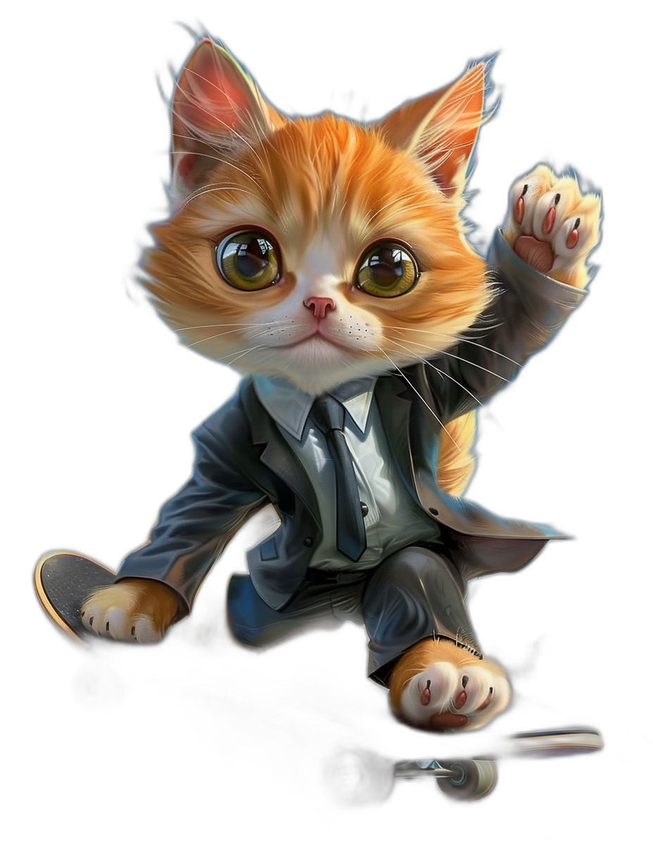 digital art of a cute and fat orange cat, wearing a grey suit with a tie, riding on a skateboard, against a black background, with big eyes and a lovely expression, in . In the style of .