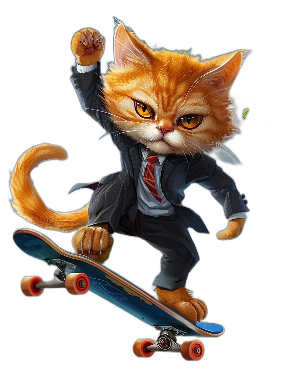 A cute orange cat in suit and tie is riding on the skateboard, cartoon style, black background, colorful cartoon, full body portrait, detailed facial features, detailed rendering details, cute expressions, happy expression