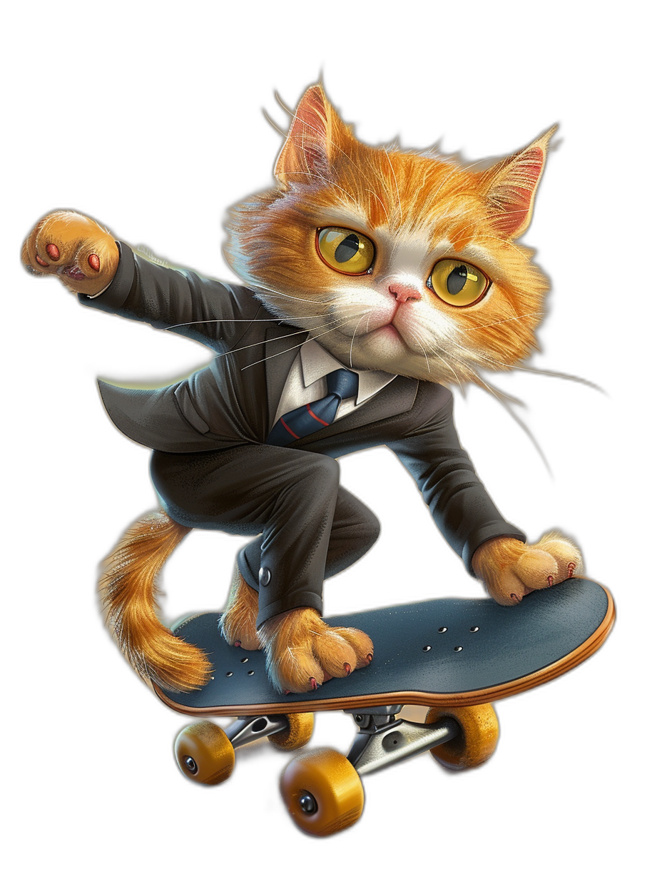 A realistic cartoon of an orange cat wearing business attire, riding on a skateboard against a black background, with hyper-realistic illustrations in the style of cute and dreamy full body illustrations.