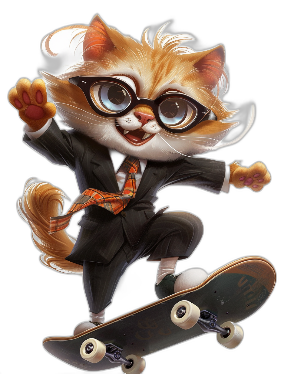 Cute cat in suit and glasses, skateboarding on a black background, in the style of [Tiago Hoisel](https://goo.gl/search?artist%20Tiago%20Hoisel). The caricature-like character design features playful caricatures with high contrast lighting and bright colors. The artwork contains cute, cartoonish designs in a digital art style resembling cartoon realism. The clipart image is isolated on a white background for removing the original background.