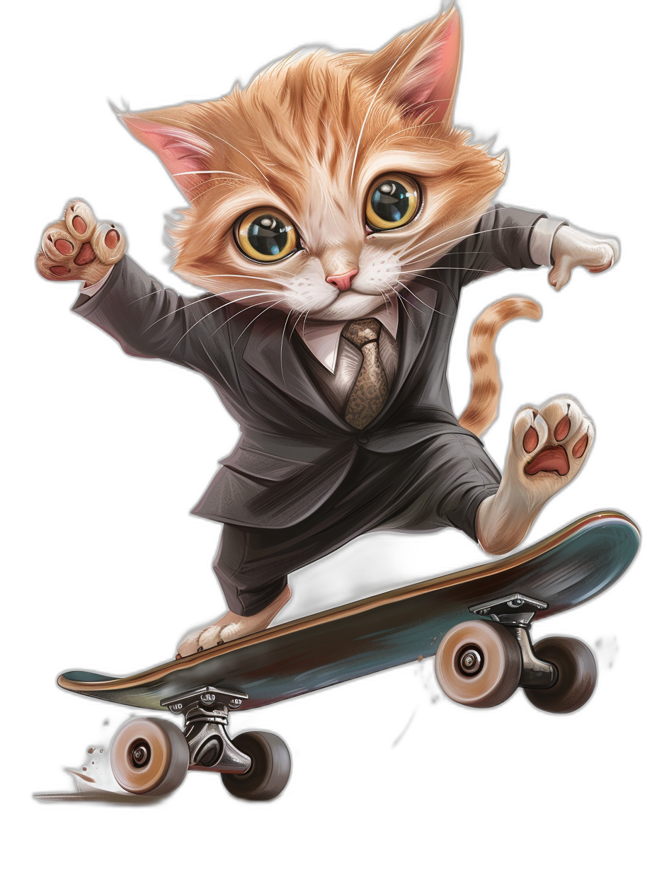 Cute cat in a suit and tie riding a skateboard, vector illustration for a t-shirt design, in the style of cartoon, high resolution, clear colors, high contrast, black background, detailed shading, 2D digital art techniques, full body shot, side view