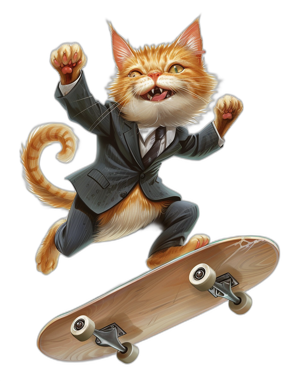 Illustration of an orange cat in a suit and tie, riding on top of a skateboard doing a kickflip, with a happy facial expression, on a black background, in the style of a t-shirt design, with high contrast.