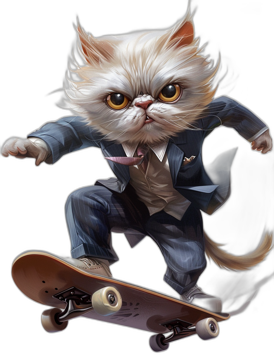 cartoon style, full body of an angry persian cat wearing a business suit and tie riding on a skateboard with big eyes and white fur, black background, digital art in the style of [Artgerm](https://goo.gl/search?artist%20Artgerm), [Greg Rutkowski](https://goo.gl/search?artist%20Greg%20Rutkowski)