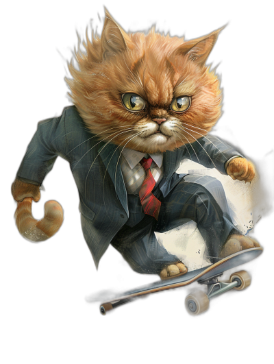 digital art of angry ginger cat in suit and tie riding on skateboard, black background, hyper realistic