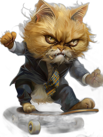 realistic digital illustration of an angry cat wearing a business suit and tie, riding on a skateboard, black background, in the style of [Greg Rutkowski](https://goo.gl/search?artist%20Greg%20Rutkowski) and [Michael Komarck](https://goo.gl/search?artist%20Michael%20Komarck), fluffy fur, big head, small body, dynamic pose