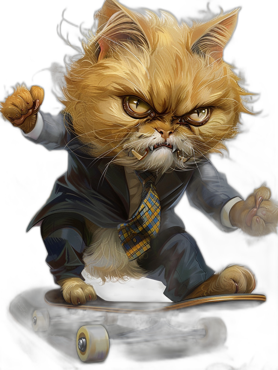 realistic digital illustration of an angry cat wearing a business suit and tie, riding on a skateboard, black background, in the style of [Greg Rutkowski](https://goo.gl/search?artist%20Greg%20Rutkowski) and [Michael Komarck](https://goo.gl/search?artist%20Michael%20Komarck), fluffy fur, big head, small body, dynamic pose