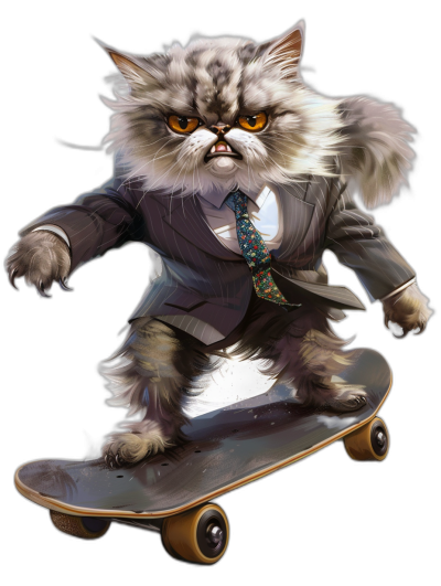 realistic digital illustration of an angry Persian cat in a suit and tie, riding on a skateboard, against a black background, shown in a full body view, portrayed in the style of a portrait